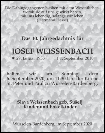Traueranzeige von Josef Weissenbach von Zeitung am Sonntag