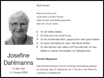 Traueranzeige von Josefine Dahlmanns von Zeitung am Sonntag