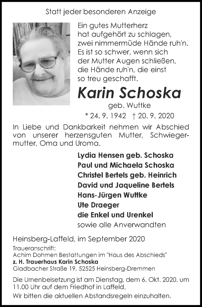  Traueranzeige für Karin Schoska vom 27.09.2020 aus Zeitung am Sonntag