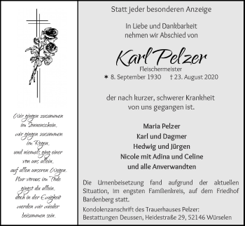 Traueranzeige von Karl Pelzer von Zeitung am Sonntag