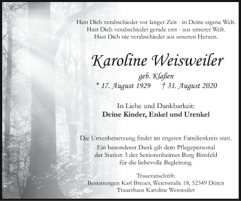 Traueranzeige von Karoline Weisweiler von Zeitung am Sonntag