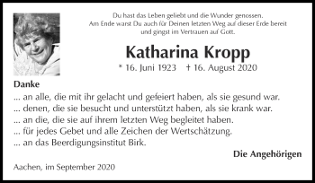 Traueranzeige von Katharina Kropp von Zeitung am Sonntag