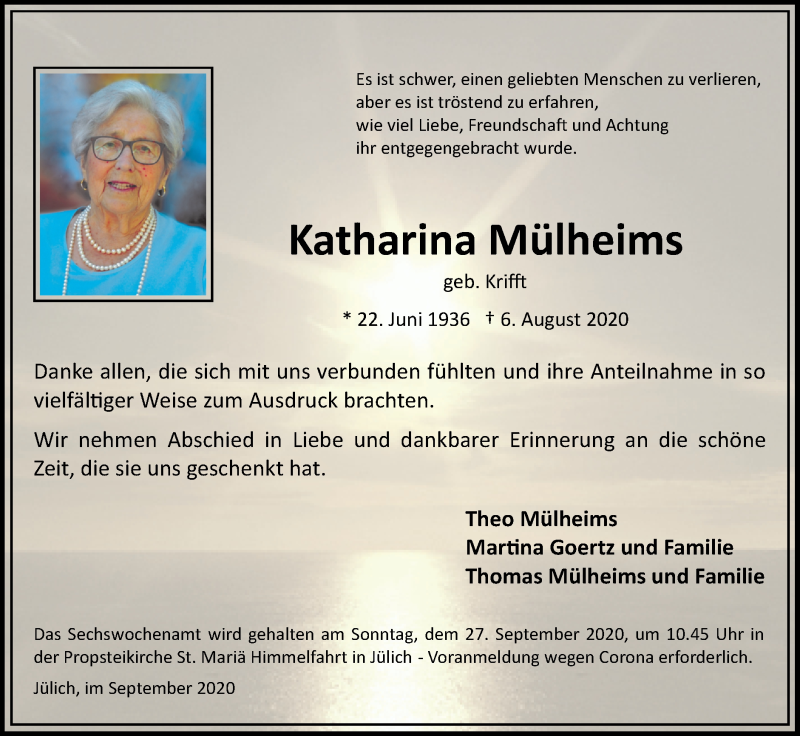  Traueranzeige für Katharina Mülheims vom 20.09.2020 aus Zeitung am Sonntag