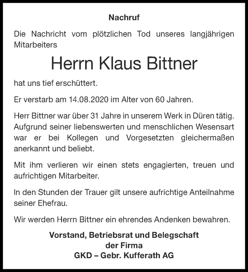  Traueranzeige für Klaus Bittner vom 05.09.2020 aus Aachener Zeitung / Aachener Nachrichten