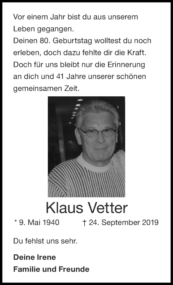  Traueranzeige für Klaus Vetter vom 27.09.2020 aus Zeitung am Sonntag