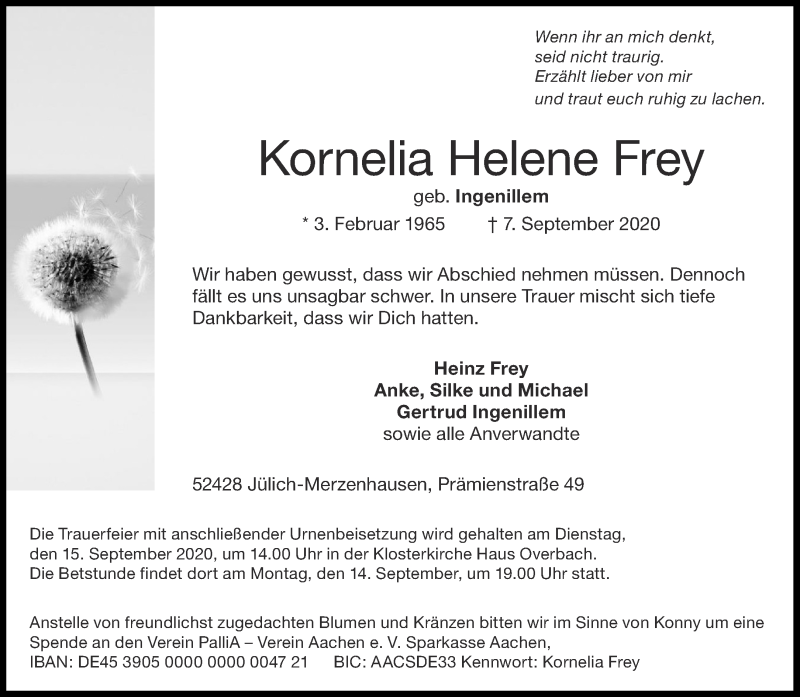  Traueranzeige für Kornelia Helene Frey vom 12.09.2020 aus Aachener Zeitung / Aachener Nachrichten