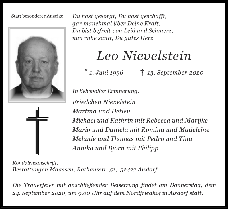  Traueranzeige für Leo Nievelstein vom 20.09.2020 aus Zeitung am Sonntag
