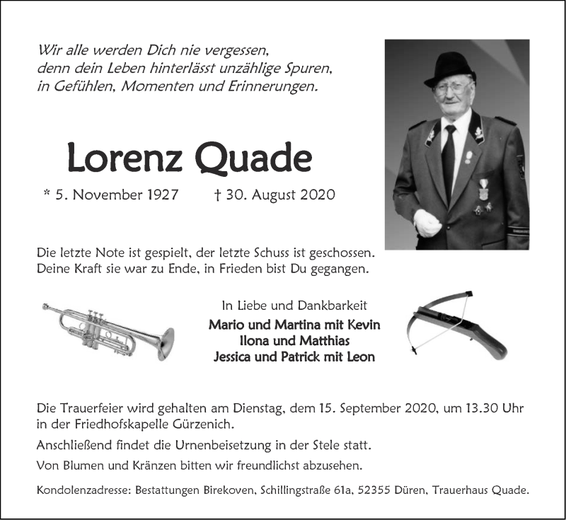  Traueranzeige für Lorenz Quade vom 06.09.2020 aus Zeitung am Sonntag