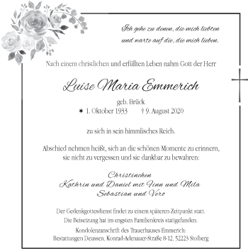 Traueranzeige von Luise Maria Emmerich von Zeitung am Sonntag