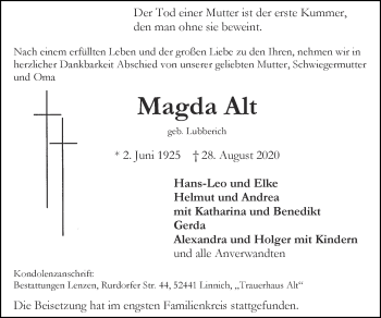 Traueranzeige von Magda Alt von Zeitung am Sonntag