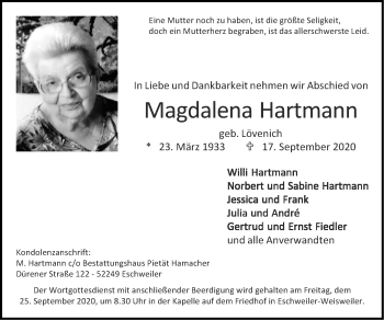 Traueranzeige von Magdalena Hartmann von Zeitung am Sonntag