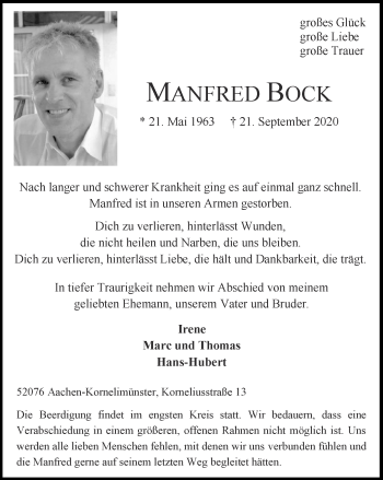 Traueranzeige von Manfred Bock von Zeitung am Sonntag