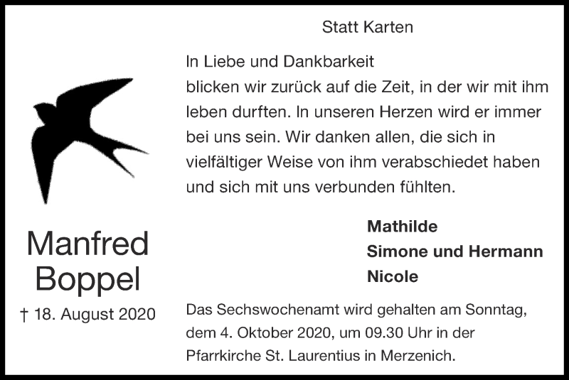  Traueranzeige für Manfred Boppel vom 27.09.2020 aus Zeitung am Sonntag