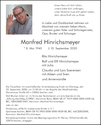 Traueranzeige von Manfred Hinrichsmeyer von Aachener Zeitung / Aachener Nachrichten