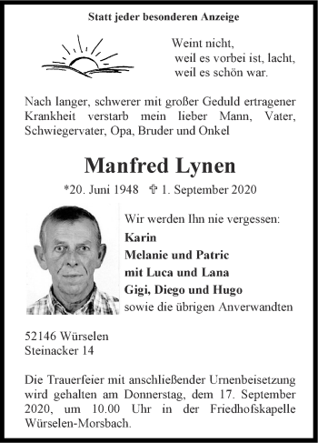 Traueranzeige von Manfred Lynen von Zeitung am Sonntag