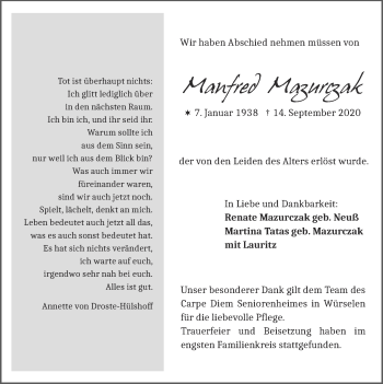 Traueranzeige von Manfred Mazurczak von Zeitung am Sonntag