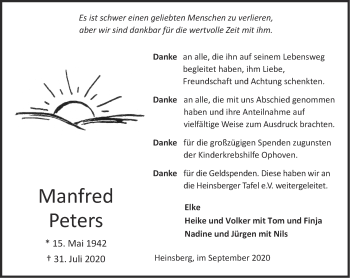 Traueranzeige von Manfred Peters von Zeitung am Sonntag