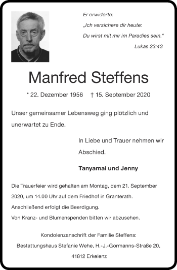Traueranzeige von Manfred Steffens von Zeitung am Sonntag