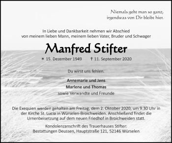 Traueranzeige von Manfred Stifter von Zeitung am Sonntag