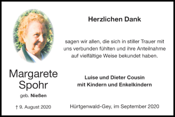 Traueranzeige von Margarete Spohr von Zeitung am Sonntag