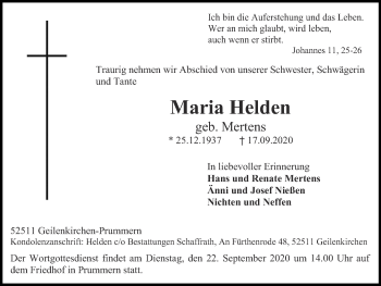 Traueranzeige von Maria Helden von Zeitung am Sonntag