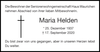 Traueranzeige von Maria Helden von Zeitung am Sonntag
