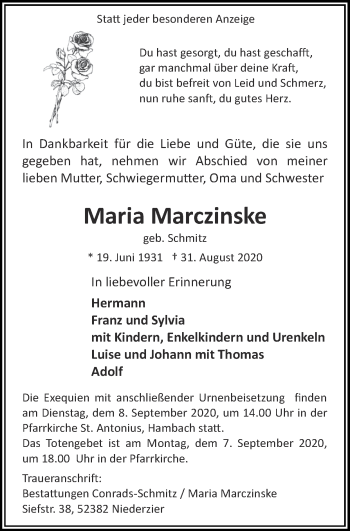 Traueranzeige von Maria Marczinske von Zeitung am Sonntag