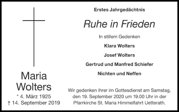 Traueranzeige von Maria Wolters von Zeitung am Sonntag