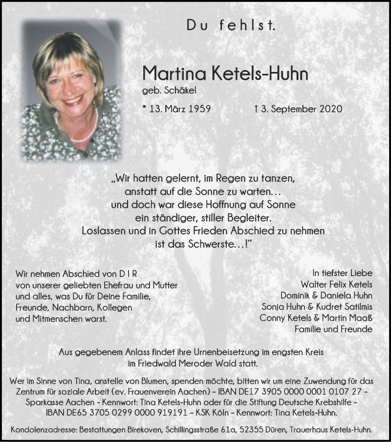  Traueranzeige für Martina Ketels-Huhn vom 20.09.2020 aus Zeitung am Sonntag