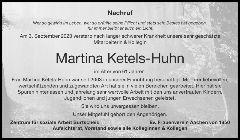  Traueranzeige für Martina Ketels-Huhn vom 20.09.2020 aus Zeitung am Sonntag