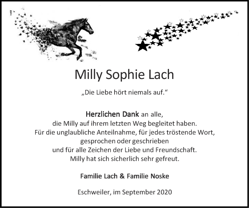  Traueranzeige für Milly Sophie Lach vom 27.09.2020 aus Zeitung am Sonntag