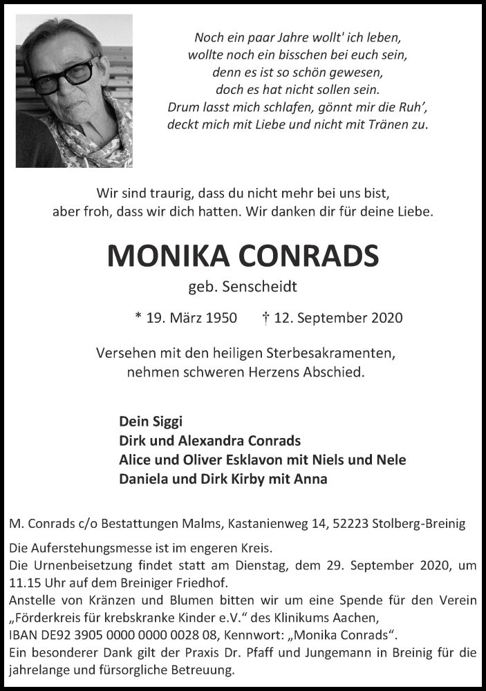  Traueranzeige für Monika Conrads vom 20.09.2020 aus Zeitung am Sonntag