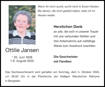 Traueranzeige von Ottilie Jansen von Zeitung am Sonntag