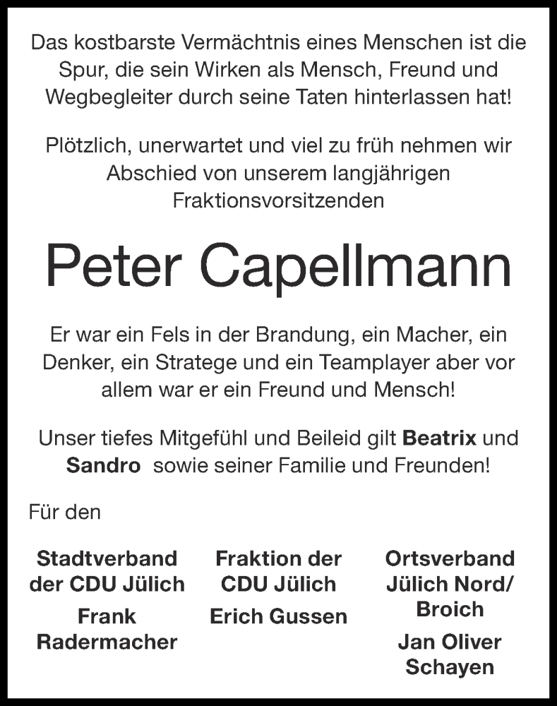  Traueranzeige für Peter Capellmann vom 06.09.2020 aus Zeitung am Sonntag