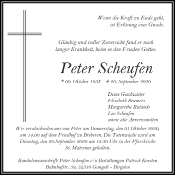 Traueranzeige von Peter Scheufen von Zeitung am Sonntag
