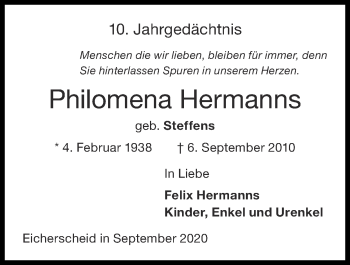 Traueranzeige von Philomena Hermanns von Zeitung am Sonntag
