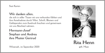 Traueranzeige von Rita Henn von Aachener Zeitung / Aachener Nachrichten