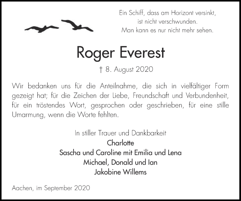  Traueranzeige für Roger Everest vom 13.09.2020 aus Zeitung am Sonntag