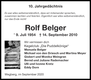 Traueranzeige von Rolf Belger von Zeitung am Sonntag