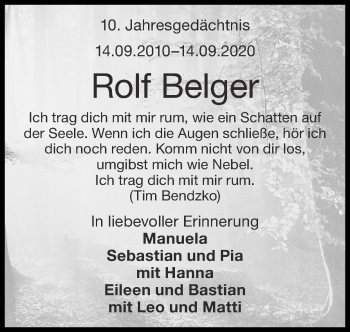 Traueranzeige von Rolf Belger von Zeitung am Sonntag