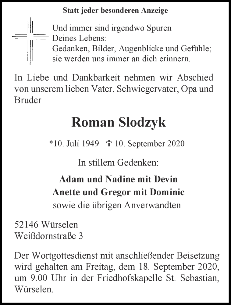  Traueranzeige für Roman Slodzyk vom 15.09.2020 aus Aachener Zeitung / Aachener Nachrichten