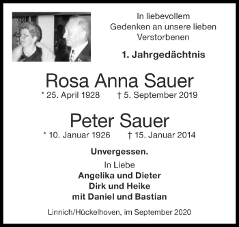 Traueranzeige von Rosa Anna Sauer von Zeitung am Sonntag