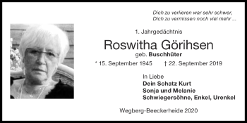 Traueranzeige von Roswitha Görihsen von Zeitung am Sonntag