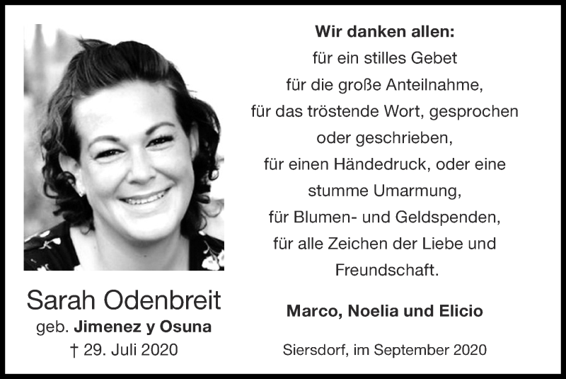  Traueranzeige für Sarah Odenbreit vom 06.09.2020 aus Zeitung am Sonntag