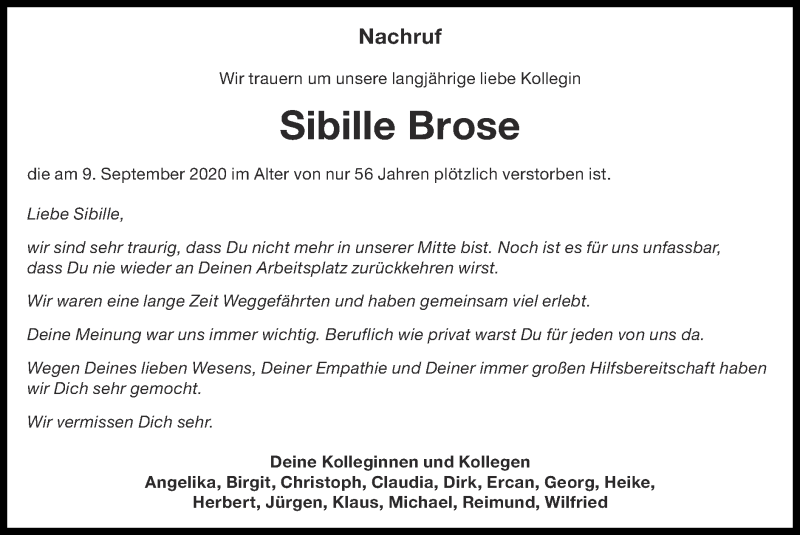  Traueranzeige für Sibille Brose vom 27.09.2020 aus Zeitung am Sonntag
