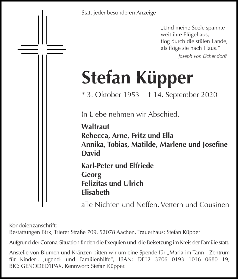  Traueranzeige für Stefan Küpper vom 20.09.2020 aus Zeitung am Sonntag