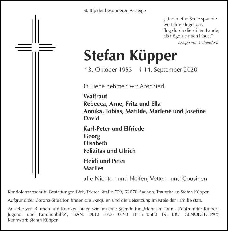  Traueranzeige für Stefan Küpper vom 19.09.2020 aus Aachener Zeitung / Aachener Nachrichten