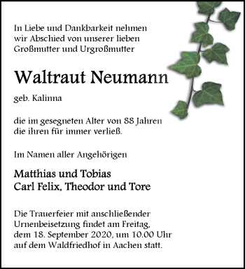Traueranzeige von Waltraut Neumann von Aachener Zeitung / Aachener Nachrichten
