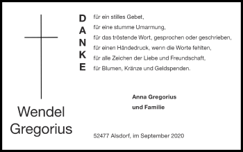 Traueranzeige von Wendel Gregorius von Zeitung am Sonntag