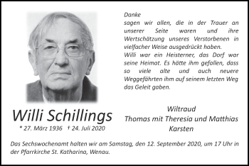 Traueranzeige von Willi Schillings von Zeitung am Sonntag